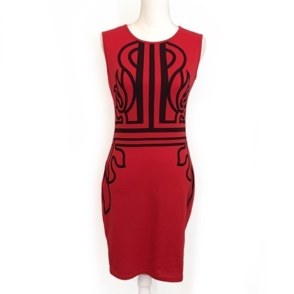 NWT Red Black Bodycon Sheath Dress Tribal Print
